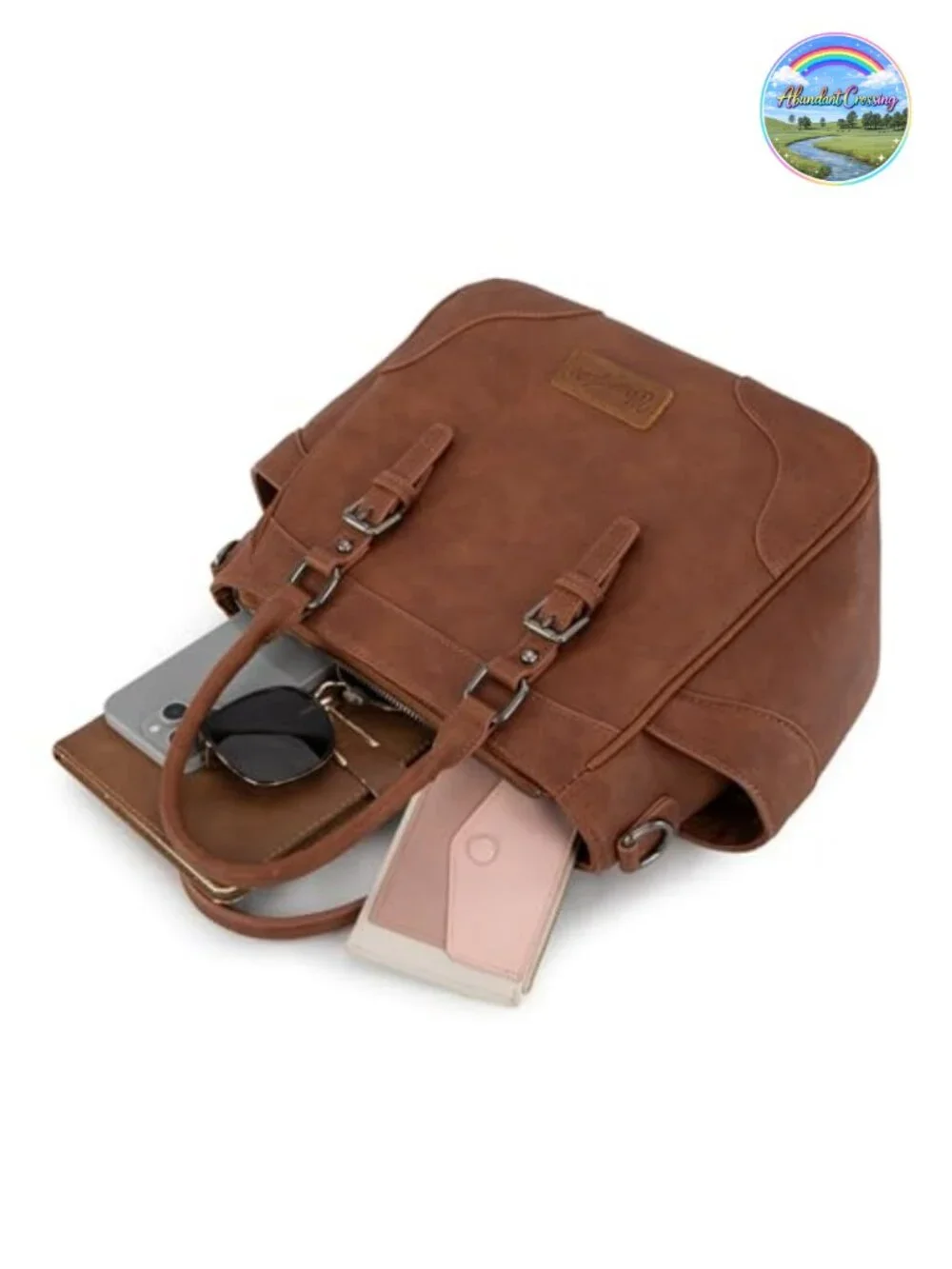 Vegan Leather Crossbody Tote Bag Top Handle Dual Side Pockets